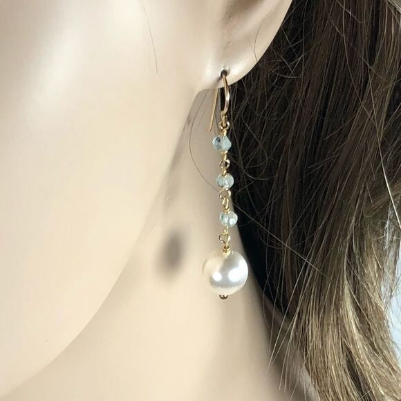 Artisan 14k Gold Aquamarine Pearl dangle earrings - Picture 3 of 7